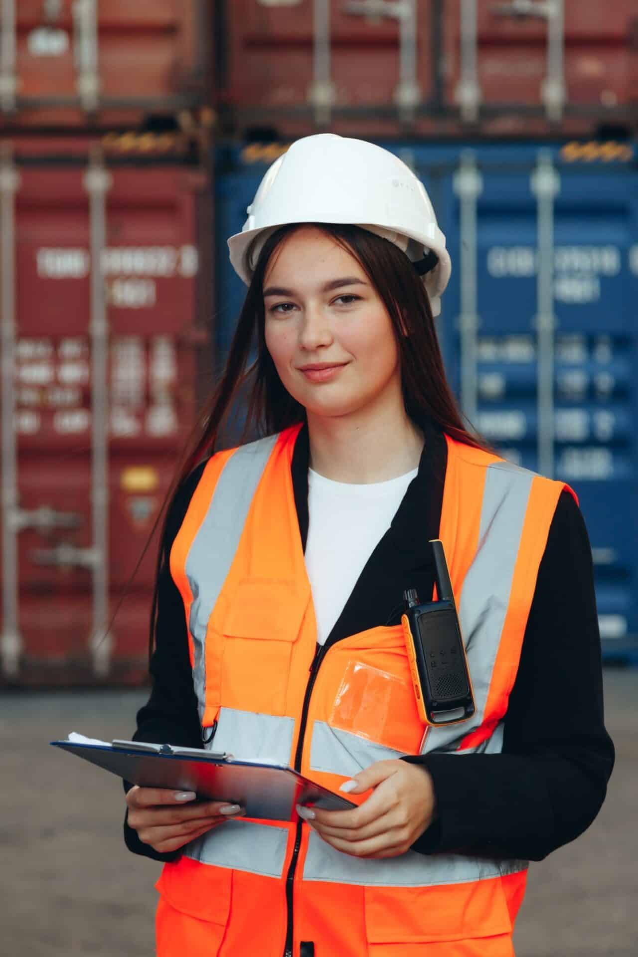 Female in a hard hat and orange vest with a clipboard and walkie talkie